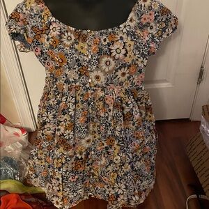 American Eagle Beige/Navy/ Coral U-neck Smocked Tieback Cotton lined Dress